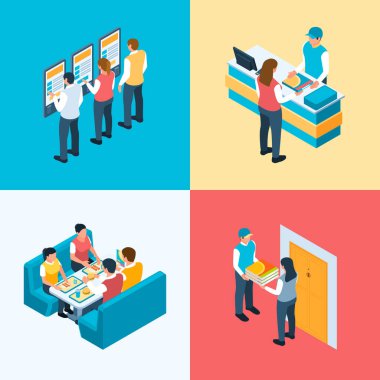 Isometric fast food sahneleri koleksiyonu ayarla 