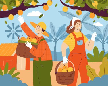 İnsanlarla el çizimi düz meyve toplama kompozisyonu