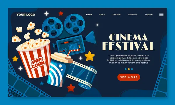 Hand Drawn Flat Cinema Landing Page Template Film Elements — Stock Photo, Image