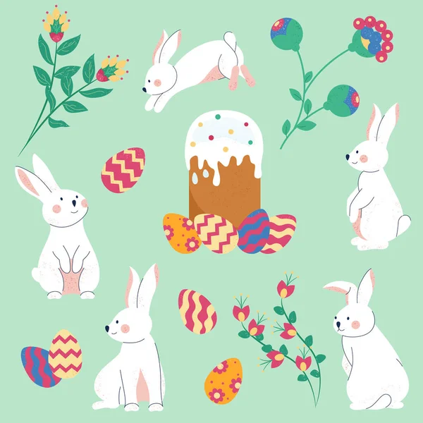 Hand drawn flat easter icon illustration with rabbits and easter