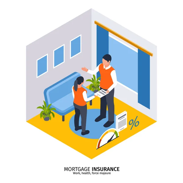 Isometric mortgage insurance composition background with people