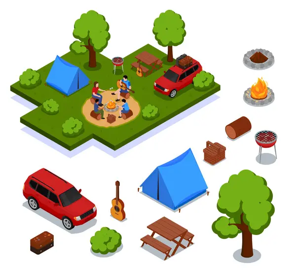 Isometric picnic barbeque icon illustrations with family having