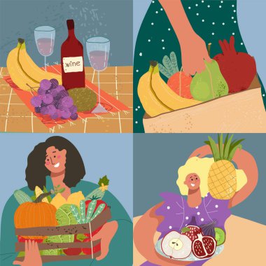 Sebzeler elle çizilmiş çizgi film kompozisyonu