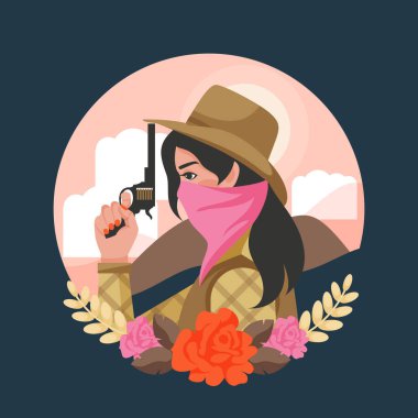 Kovboy kız düz el çizgi film kompozisyonu