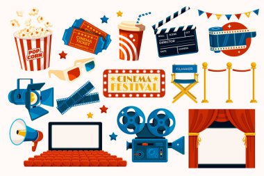 El çizimi düz sinema özgün elementler koleksiyonu