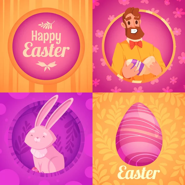 Hand drawn flat cartoon easter square card collection with man c
