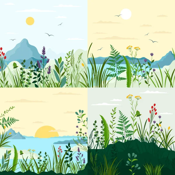 Hand drawn flat herbs and grasses composition set
