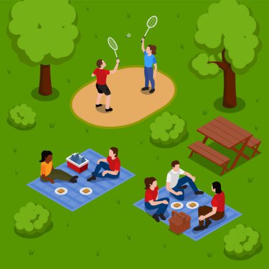 Isometric piknik kompozisyonu ailelerin l 'li