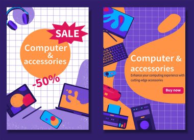 El çizimi düz bilgisayar aksesuarları dikey afiş şablonu se