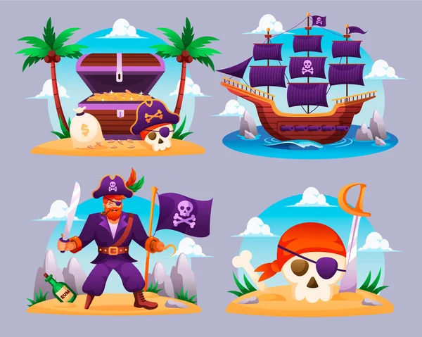 Flache Piraten Mini Komposition Set Mit Charakter Und Piratenschiff — Stockfoto