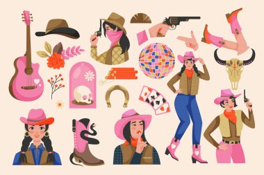 Kovboy kız düz el çizilmiş çizgi film seti