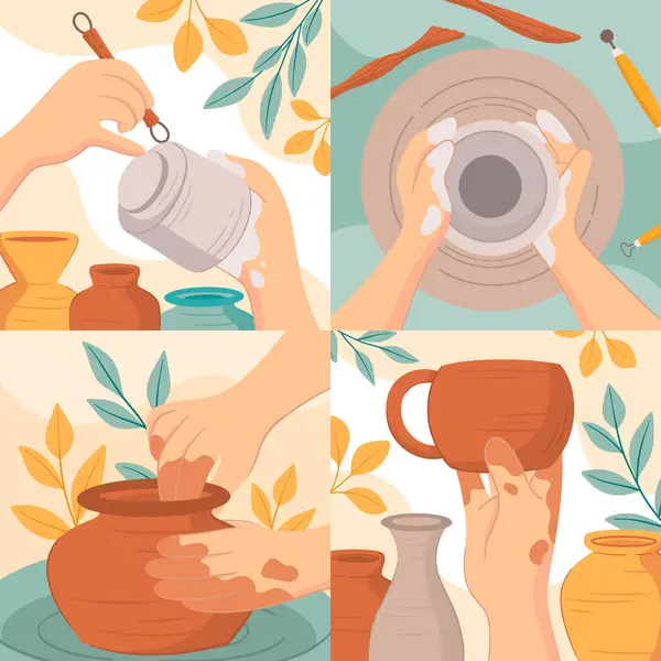 Hand drawn cartoon pottery compositions set