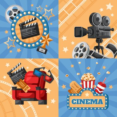 Elementler ve popcor ile el çizimi düz sinema illüstrasyonu