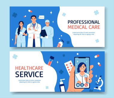 Sağlık çalışanı el çizimi karikatür afişi seti