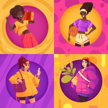 Moda kadınları elle çizilmiş düz çizgi film kompozisyon seti