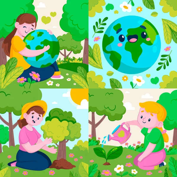Hand drawn cartoon earth day composition set