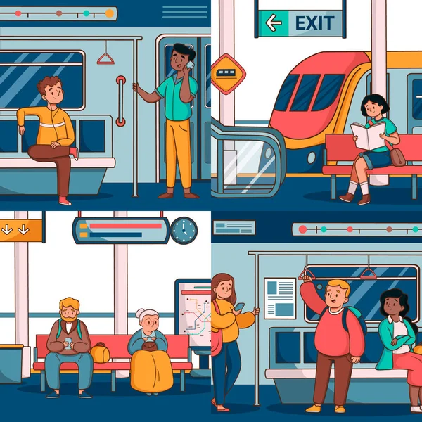 Handritade Människor Tunnelbanan Sammansättning Set — Stockfoto