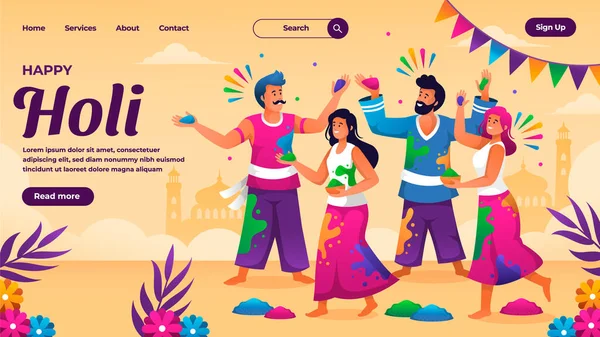 Gradient Holi Zielseite Vorlage Mit Menschen Feiern Mit — Stockfoto