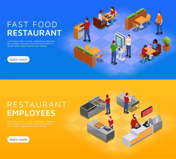 Fast Food Restaurant Horizontal Banners Isometric View — Stock Photo, Image