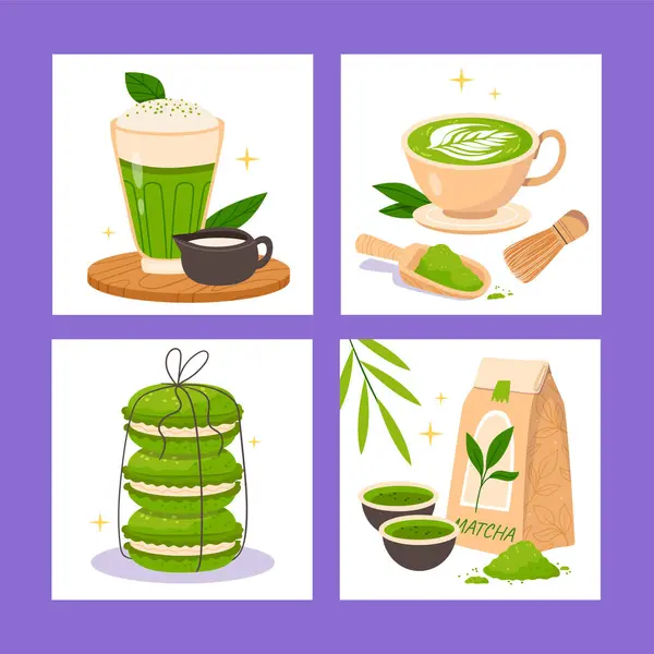 Matcha Tea Illusztrációk Lapos Kivitelben — Stock Fotó