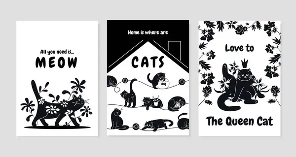 Hand Drawn Cat Silhouette Card Set — Stock Photo, Image