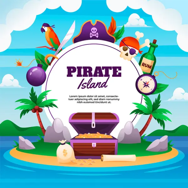 Flat pirates frame background template with chest coin and island