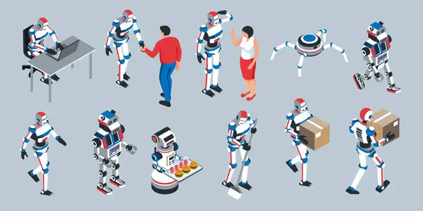 Robots Isométriques Icônes Dessin Animé Ensemble — Photo