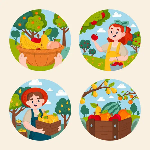 Ručně Kreslené Ploché Ovoce Sklizeň Mini Ilustrační Set Lidmi — Stock fotografie