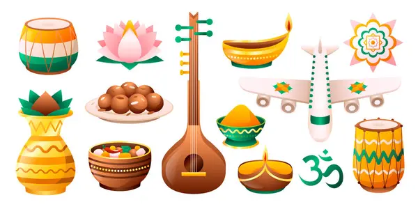 Gradient Indien Reseelement Set Samling Med Musikinstrument — Stockfoto