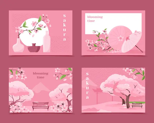 Ensemble Cartes Arbre Sakura Dessinées Main — Photo