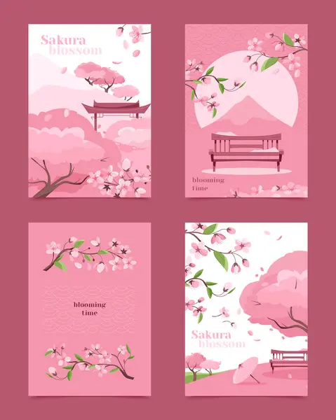 Ensemble Cartes Arbre Sakura Dessinées Main — Photo