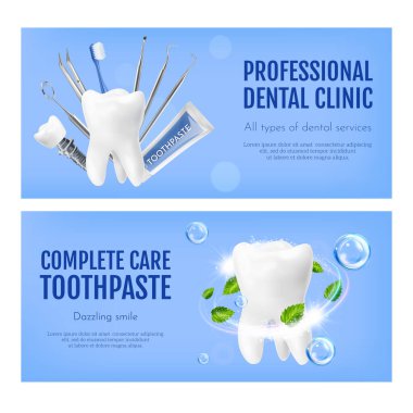 Gerçekçi izometrik diş bakımı pankartı seti