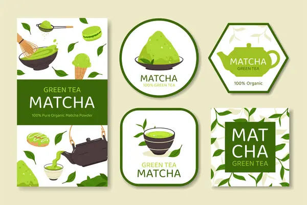 Matcha Tee Etiketten Flachen Design — Stockfoto