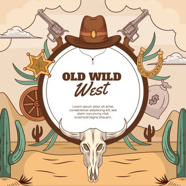 El çizimi düz kovboy arka plan şablonu ile vahşi batı ilkokulu
