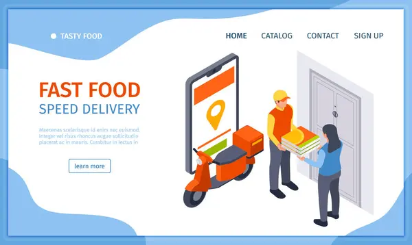 Isometric Fast Food Landing Page Template Employee Deliv — Stock Photo, Image