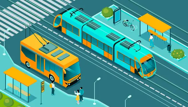 Isometrische Darstellung Des Öffentlichen Verkehrs Mit Einem Stadtbild Stockbild