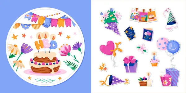 Handgezeichnete Geburtstagsaufkleber Illustration Und Symbole Set lizenzfreie Stockfotos