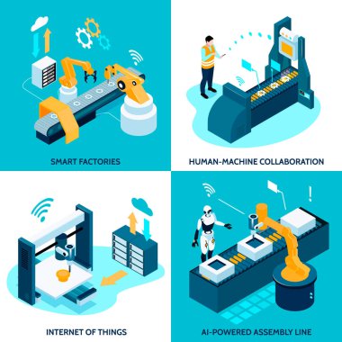 Isometric çizgi film akıllı endüstri kompozisyonu seti
