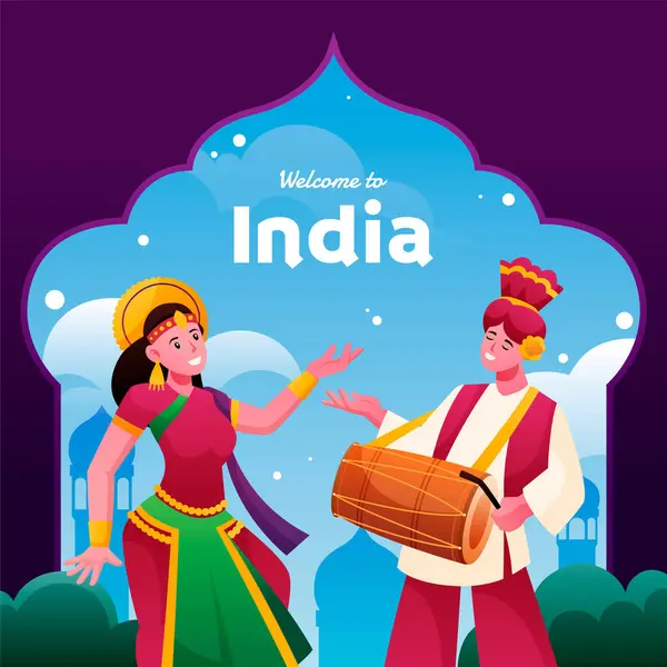 Gradient India Travel Background Characters Playing Instrum — Stock Photo, Image