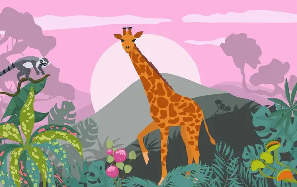 Hand Drawn Flat Exotic Flora Fauna Illustration Giraf — Stock Photo, Image