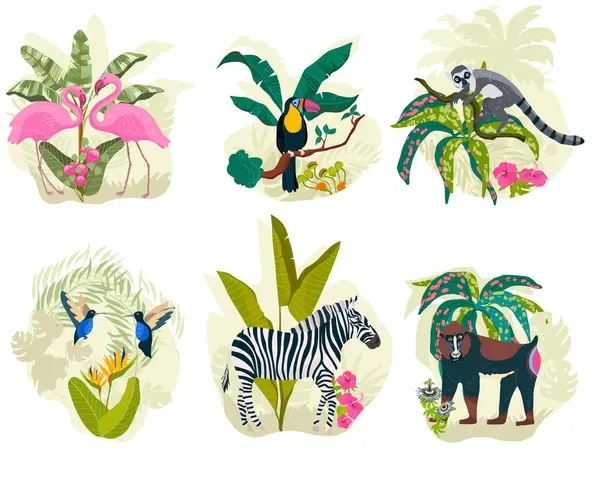 Kézzel Rajzolt Lapos Egzotikus Növény Állatvilág Mini Illusztráció Készlet Szellemes Jogdíjmentes Stock Képek