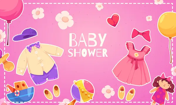 Cartoon Babydusche Hintergrund Mit Kleidung Für Jungen Und Mädchen Stockfoto