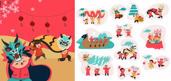 Icone Capodanno Cinesi Disegnate Mano Con Illustrazione Fotografia Stock