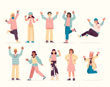 Gençler el çizimi karikatür seti