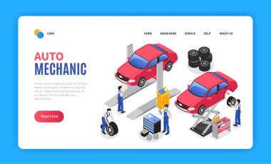 Çalışanlar ile Isometric mekanik iniş sayfası şablonu