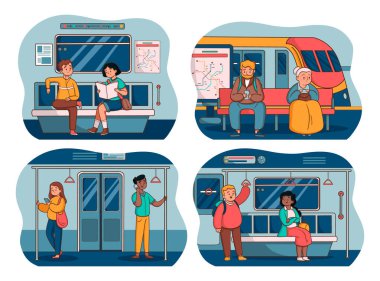 Metrodaki insanların el çizimleri mini kompozisyon seti