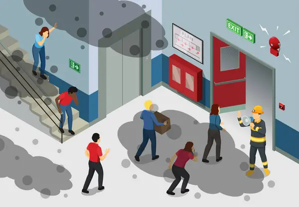 Isometric Evacuation Illustration Emergency Scene Rechtenvrije Stockafbeeldingen