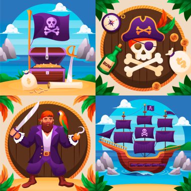 Düz korsanlar karakter ve korsanlarla kare illüstrasyon 