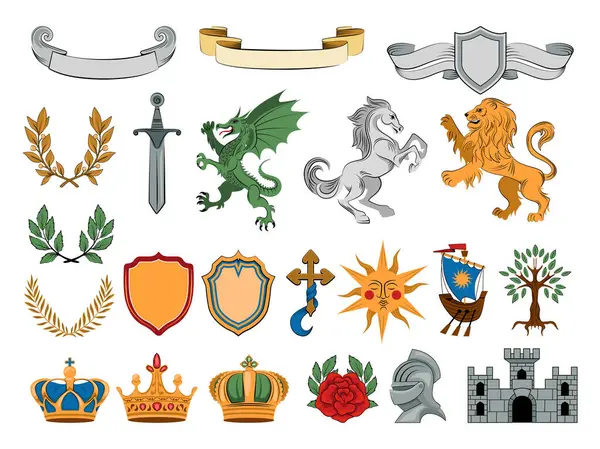 Conjunto Elementos Emblema Heráldico Plano Desenhado Mão Coleção — Fotografia de Stock