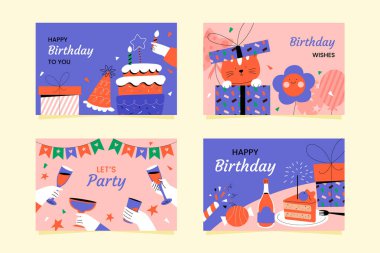 El çizimi düz doğum günü kutlaması yatay kartlar üniversite ayarlandı